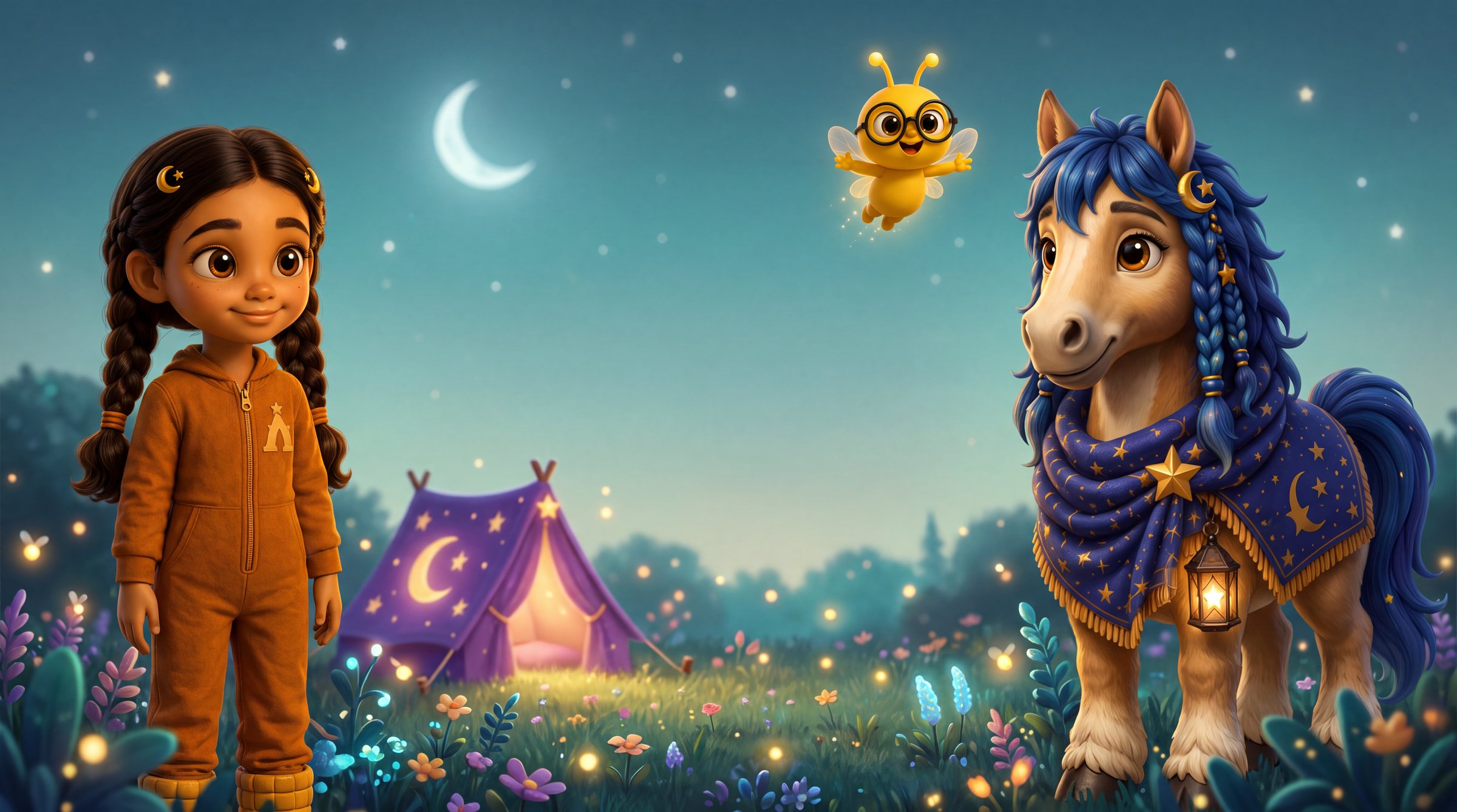 Sevyn, Zumiie the firefly, and Huxley the pony together in the twilight meadow